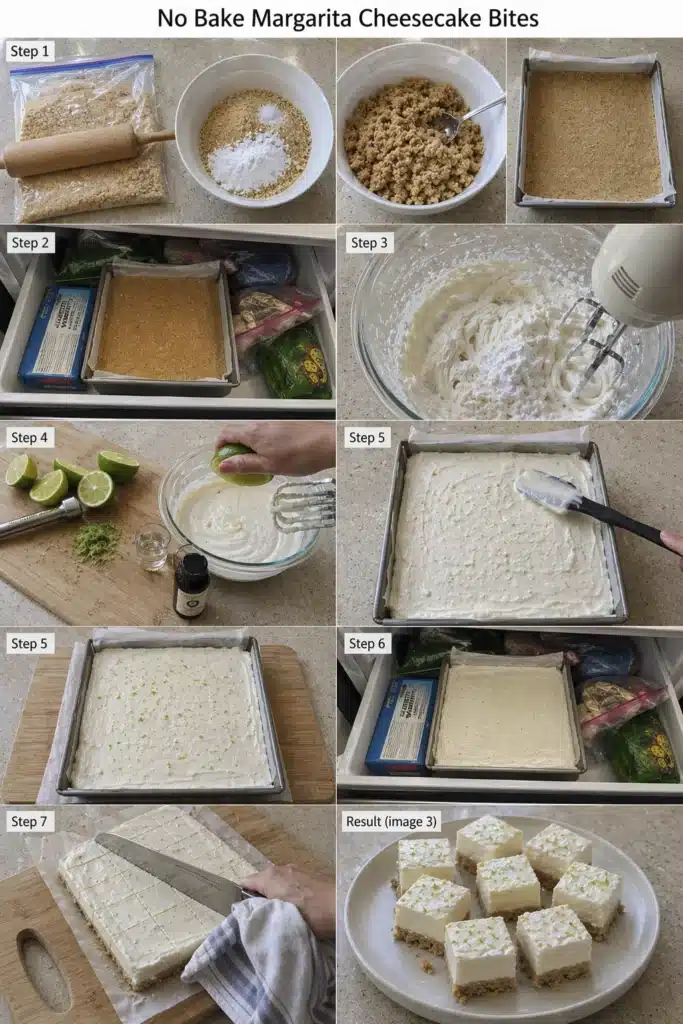 Step by step No Bake Margarita Cheesecake Bites process showing crust, filling, layering, freezing, and final dessert squares