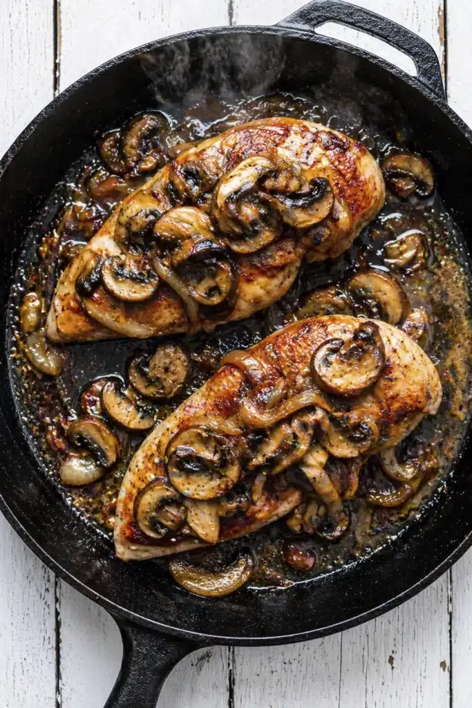 Texas Roadhouse Smothered Chicken in cast iron pan with mushrooms and melted cheese