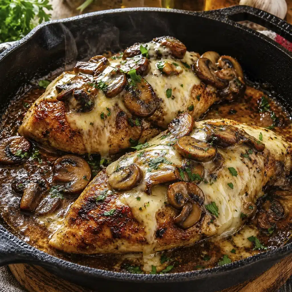 Texas Roadhouse Smothered Chicken in skillet with sautéed mushrooms and onions
