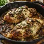 Texas Roadhouse Smothered Chicken in skillet with sautéed mushrooms and onions