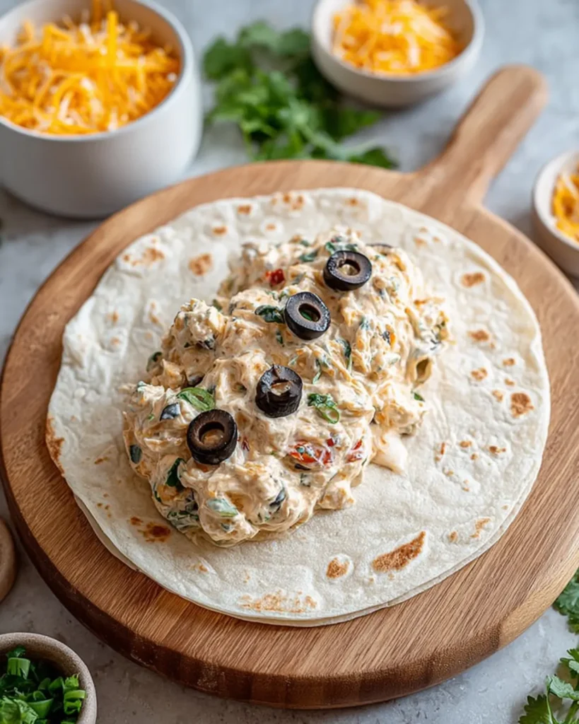 Soft tortilla with creamy filling and sliced olives placed on a wooden board