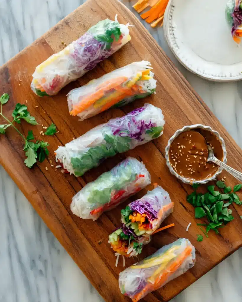 Fresh vegetable rolls on a wooden board with dipping sauce and herbs