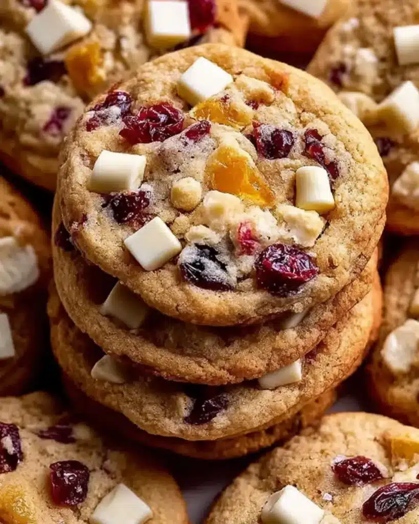 White chocolate cranberry cookies stacked with soft centers and golden edges