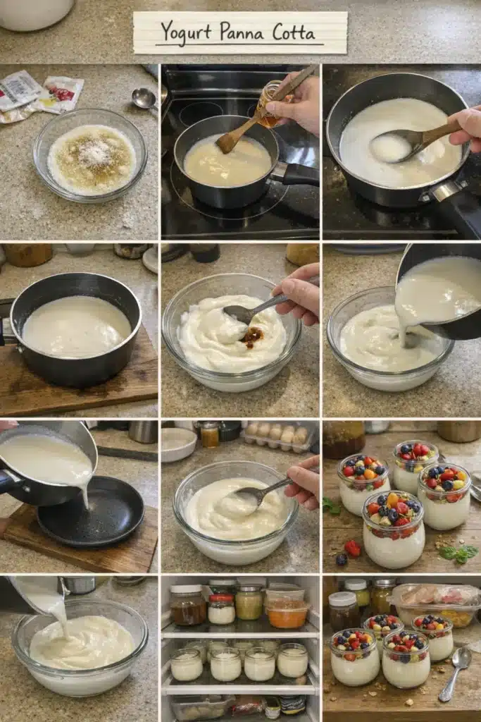 Step by step process of making yogurt panna cotta from gelatin blooming to chilling