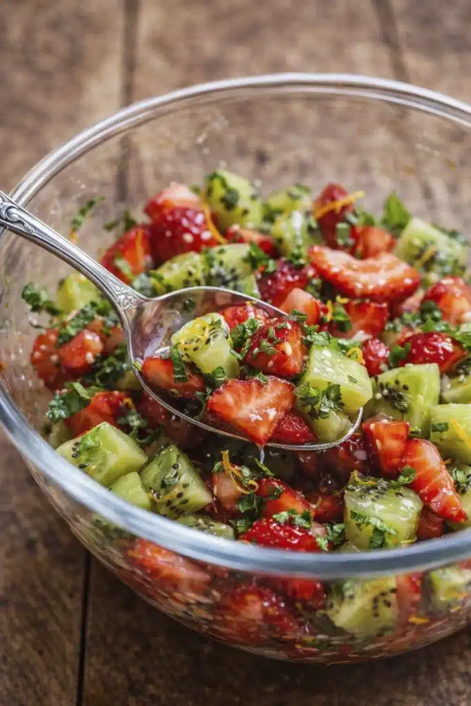 Fresh strawberry and kiwi fruit topping mixture with herbs for yogurt panna cotta