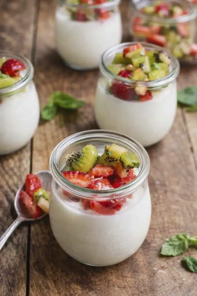 Mini jars of yogurt panna cotta topped with fresh fruit ready to serve