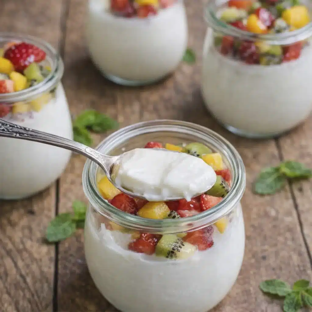 Creamy yogurt panna cotta in glass jars topped with fresh strawberries kiwi and mango fruit