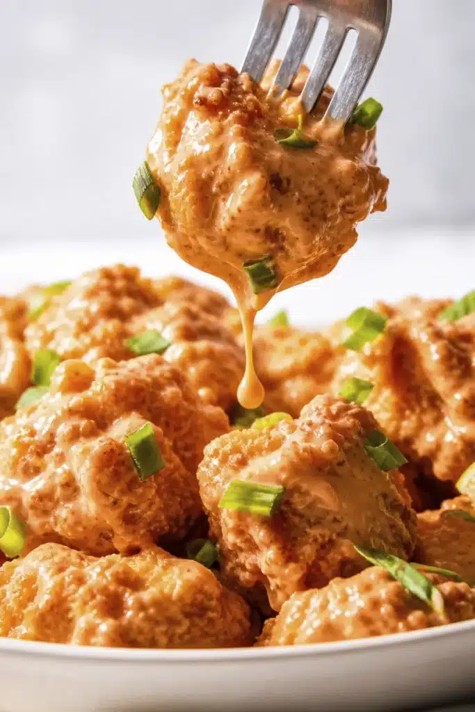 Fork lifting a crispy shrimp covered in creamy sauce with a dripping texture