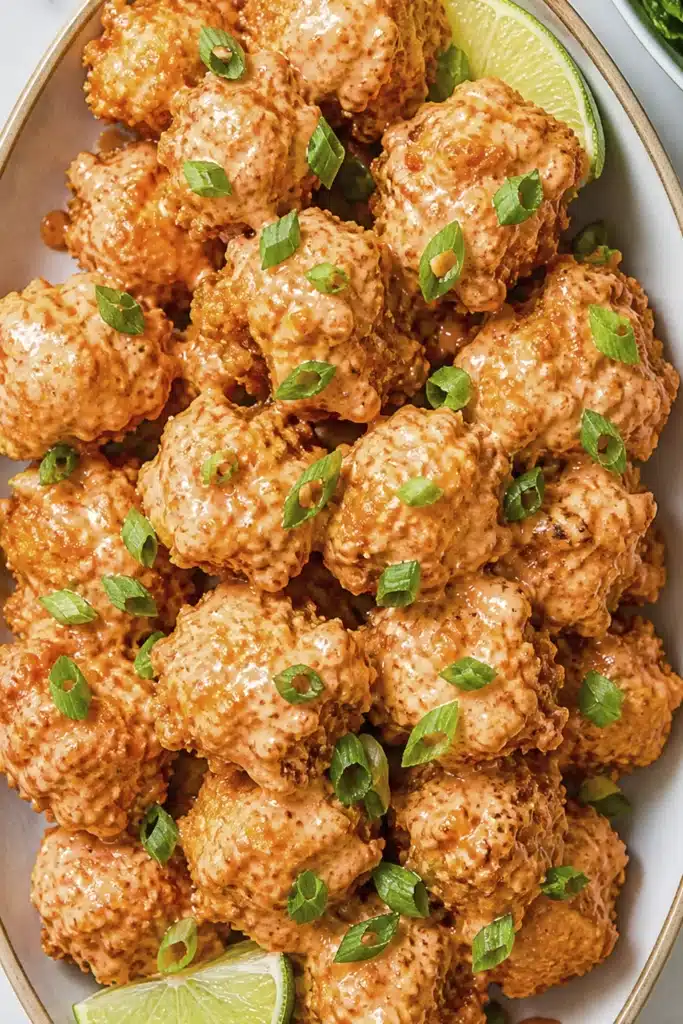 Crispy shrimp coated in creamy spicy sauce topped with chopped green onions and lime slices