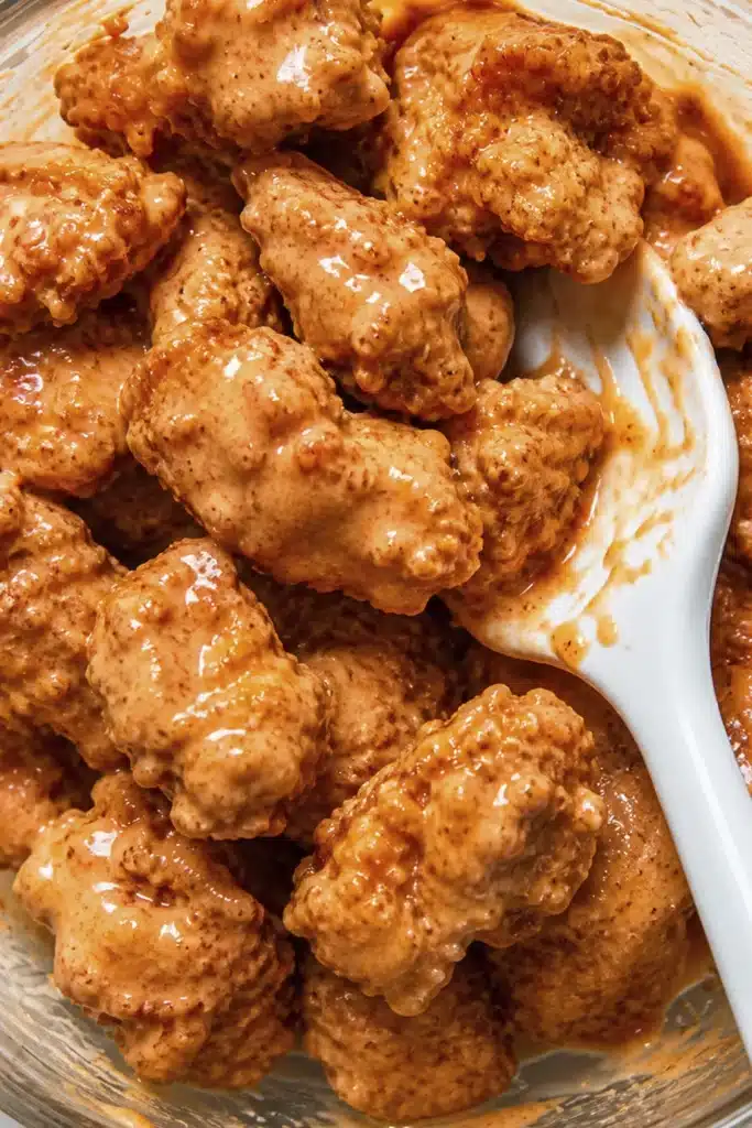 Close up of shrimp coated in a rich creamy chili sauce inside a mixing bowl