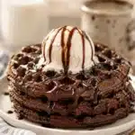 Chocolate waffles served warm with a scoop of vanilla ice cream and chocolate syrup on a white plate