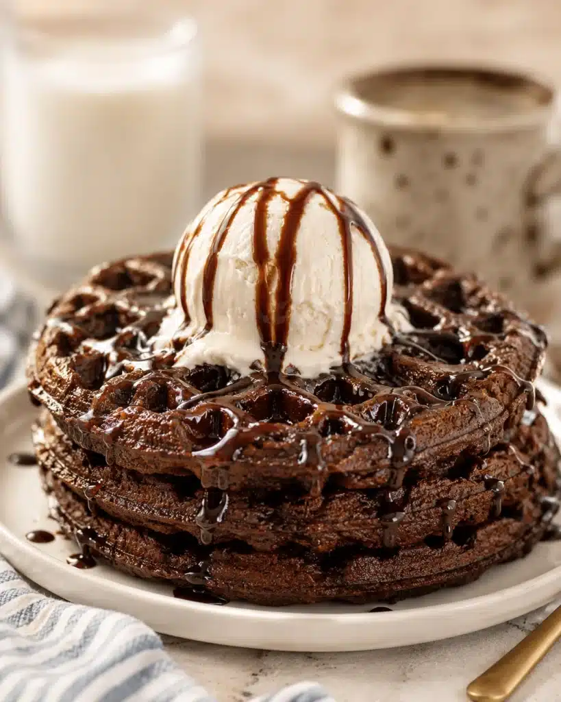 Chocolate waffles served warm with a scoop of vanilla ice cream and chocolate syrup on a white plate
