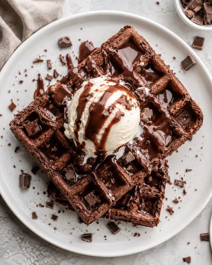 Top view of chocolate waffles topped with vanilla ice cream and chocolate sauce with scattered chocolate pieces