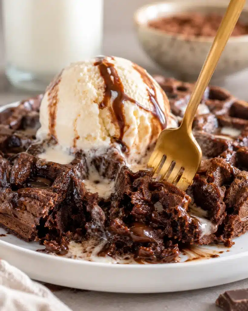 Close up of a fork cutting into a soft chocolate waffle topped with melting vanilla ice cream and chocolate drizzle