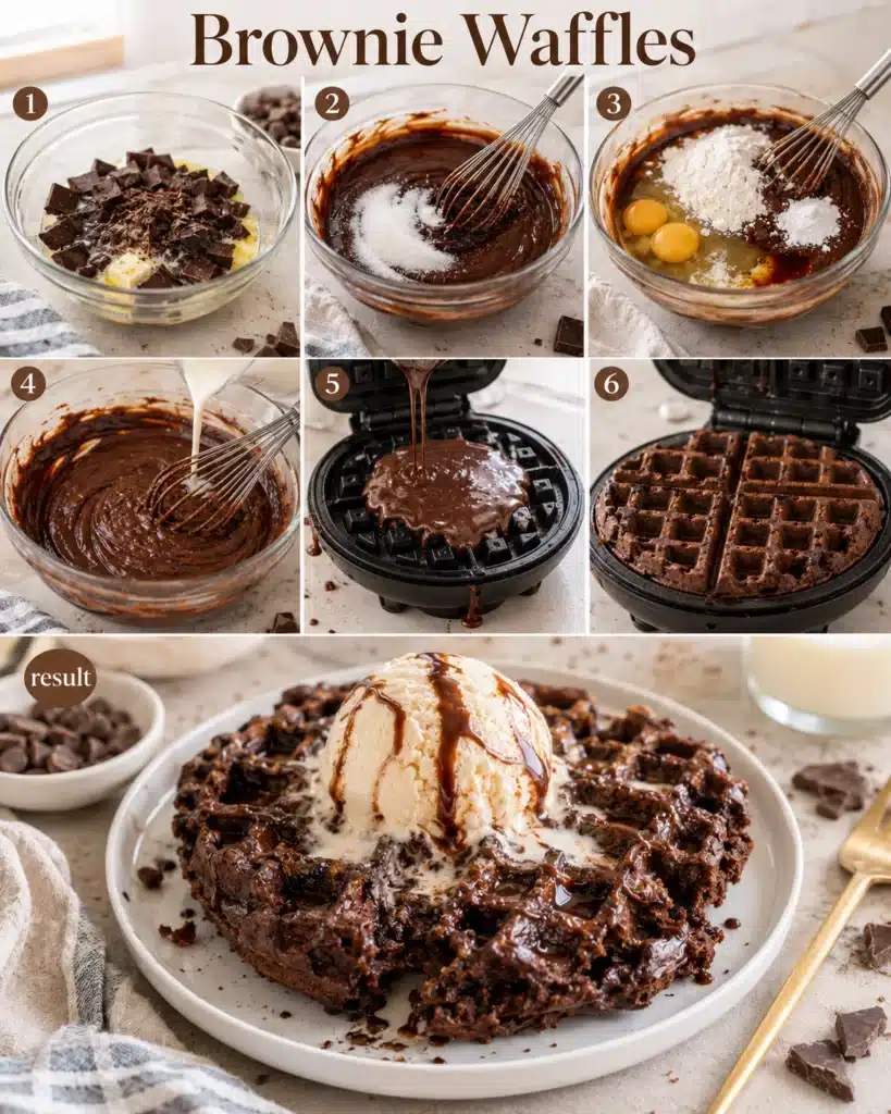 Collage showing step by step process of mixing batter and cooking chocolate waffles in a waffle maker