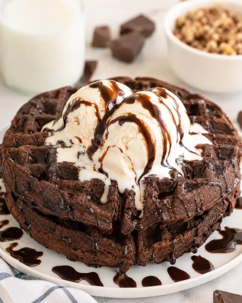Stack of chocolate waffles topped with two scoops of vanilla ice cream and drizzled chocolate sauce