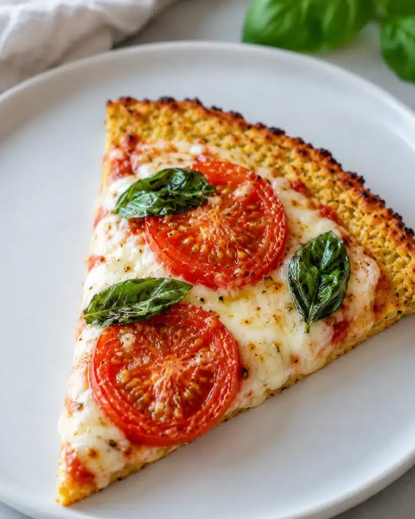 Single slice of tomato basil pizza on a white plate with crispy golden crust