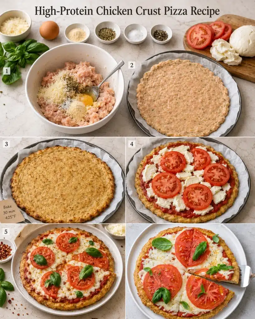 Step by step preparation of chicken crust pizza with ingredients and baking process