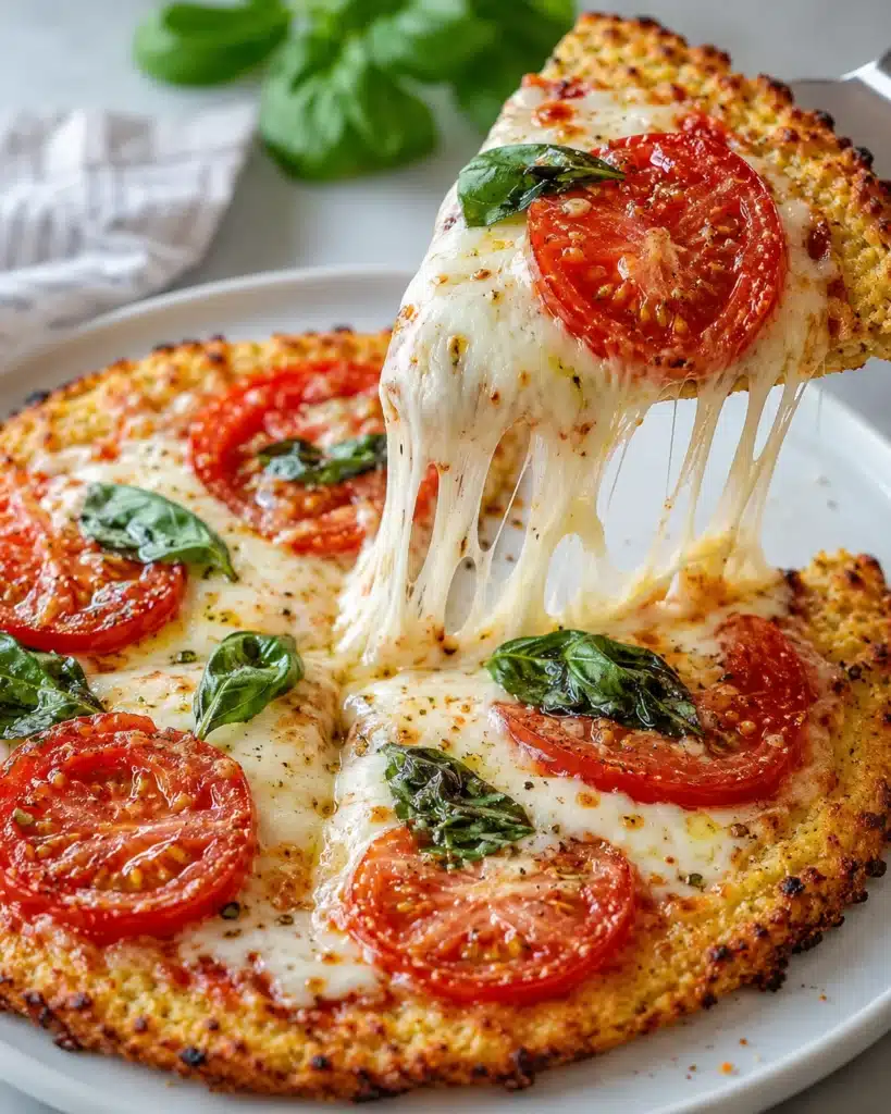 Cheese stretch from a slice of tomato basil pizza with crispy crust and fresh herbs