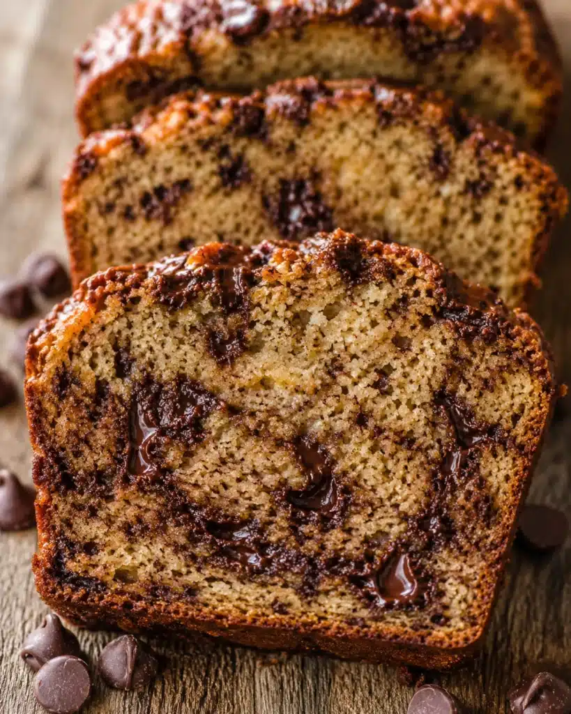 Freshly baked banana loaf topped with chocolate chips in a baking pan