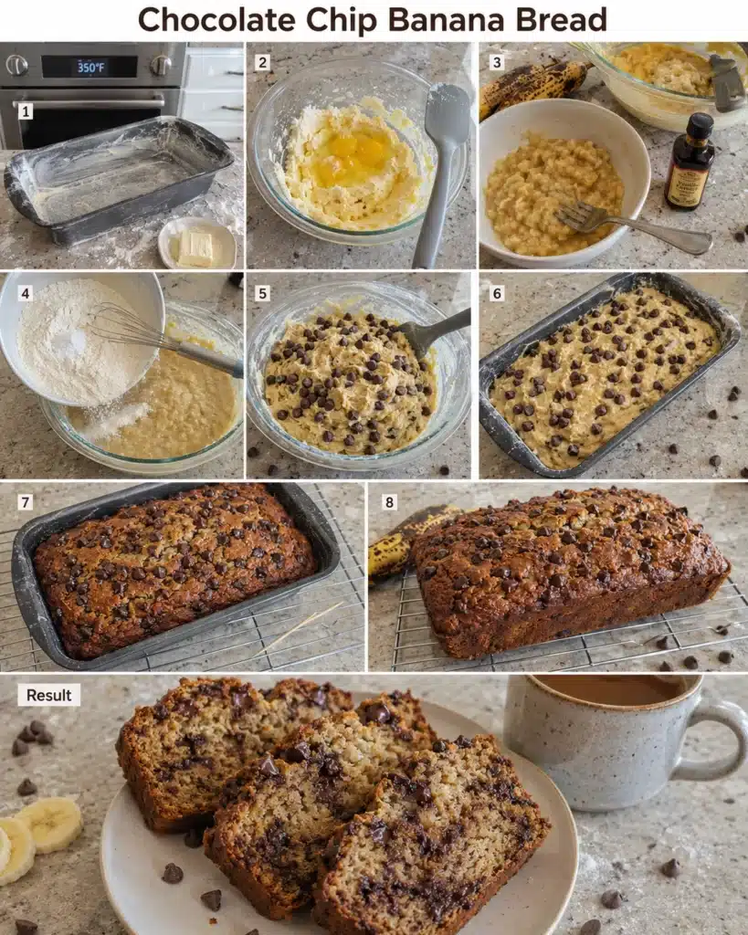 Step by step process of preparing banana bread with chocolate chips