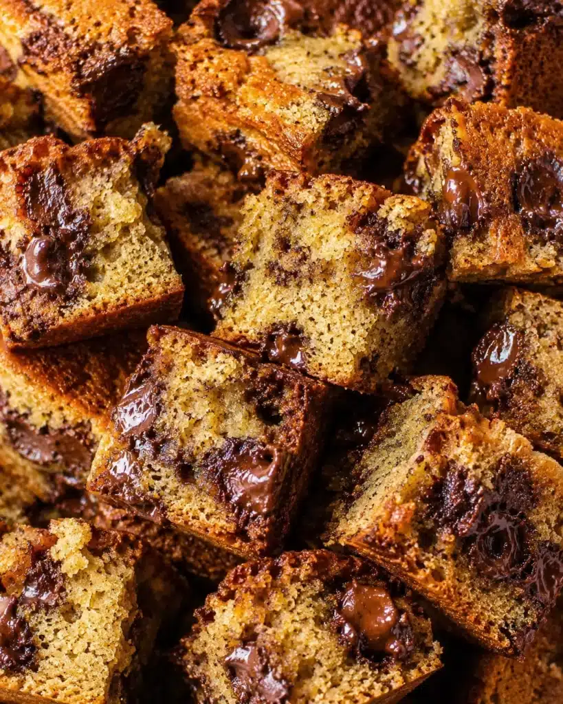 Banana bread cubes with melted chocolate pieces close up