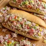 Close up of a hoagie roll filled with chopped deli meats, cheese, and vegetables on a wooden board