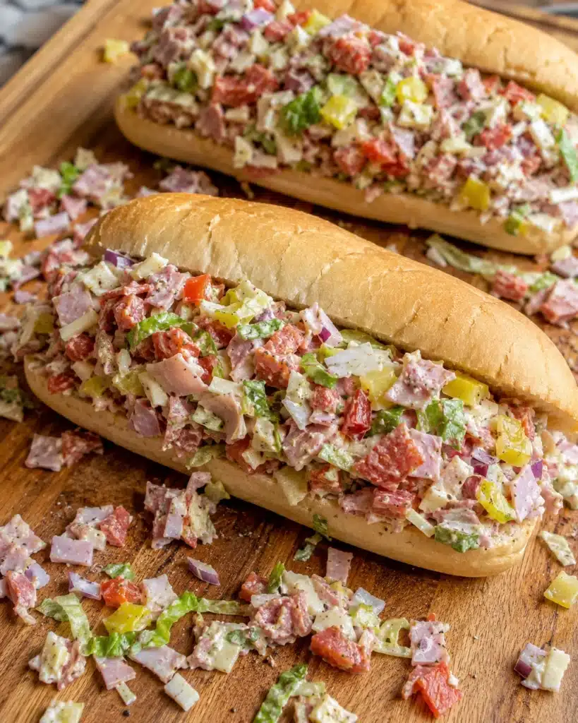 Close up of a hoagie roll filled with chopped deli meats, cheese, and vegetables on a wooden board