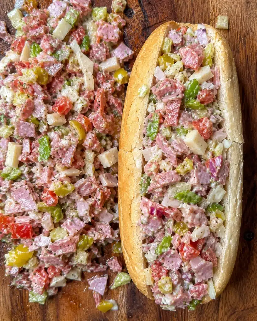Top view of chopped sandwich mixture spread on a wooden board beside an open hoagie roll