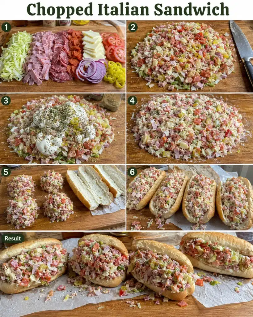 Step by step collage showing ingredients chopping, mixing, and assembling sandwiches