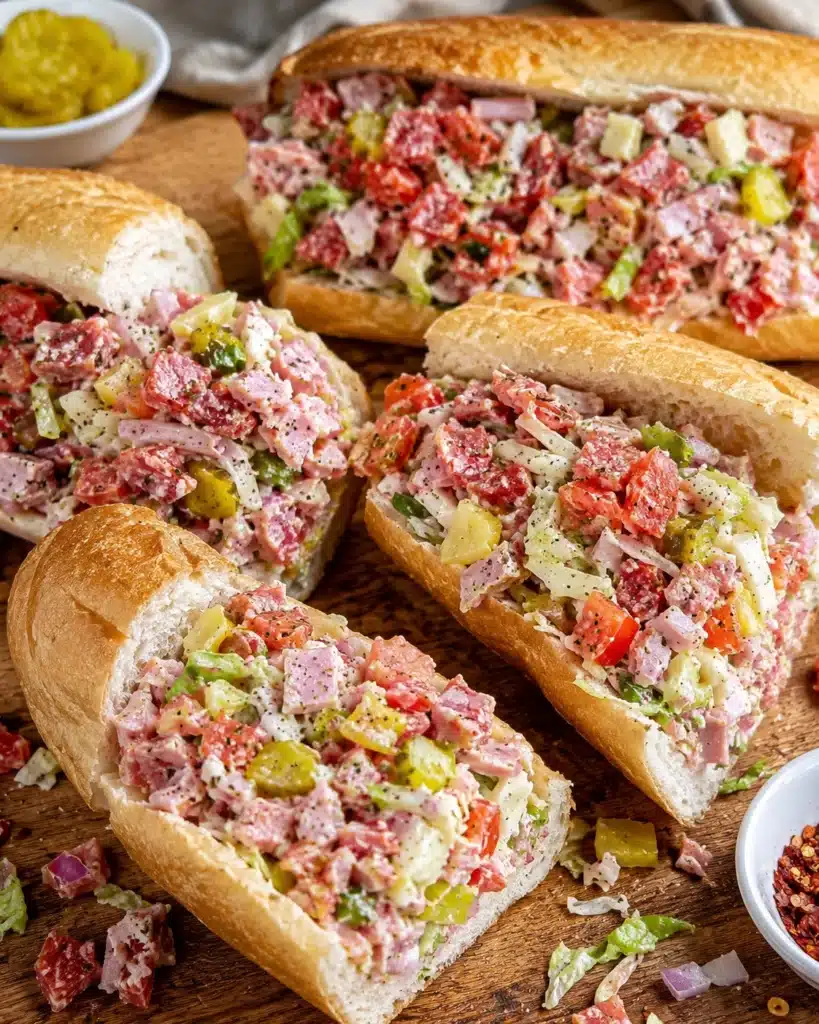Multiple hoagie sandwiches filled with chopped meats, cheese, and vegetables served together
