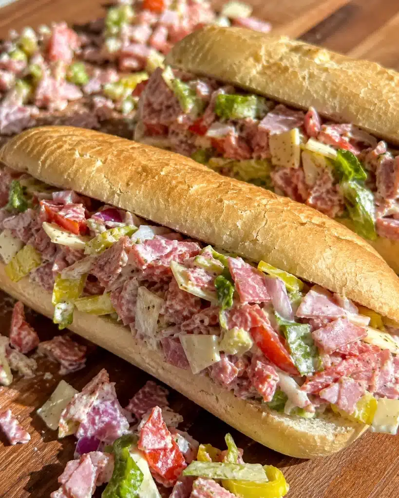 Italian style sub sandwich packed with chopped meats, cheese, peppers, and onions in creamy dressing