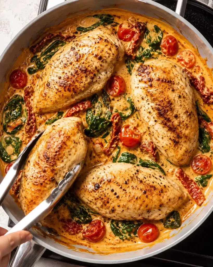 Chicken breasts cooking in a creamy sauce with spinach and sun dried tomatoes in a pan