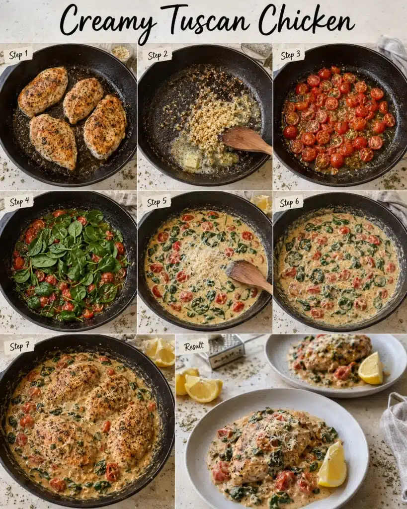 Step by step collage showing how to make creamy chicken with tomatoes spinach and sauce