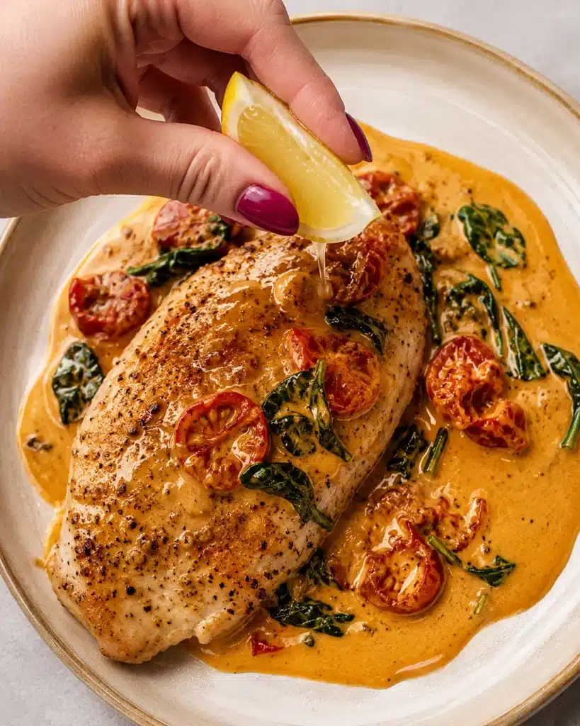 Hand squeezing fresh lemon over a plated chicken breast covered in creamy tomato sauce