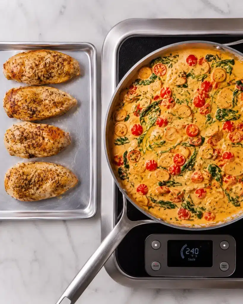 Pan with creamy sauce cooking on stovetop next to seasoned chicken breasts on a tray