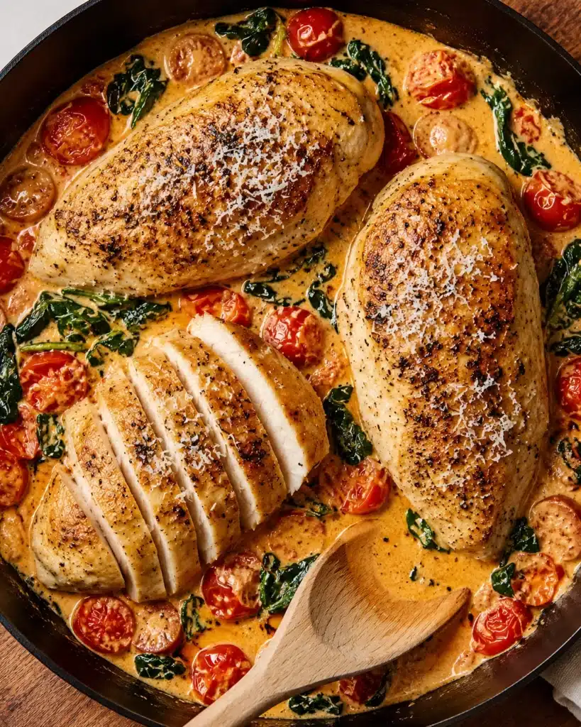 Sliced chicken breast served in a creamy tomato spinach sauce with grated cheese on top