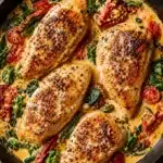 Juicy seared chicken breasts simmering in a creamy sauce with spinach and sun dried tomatoes in a skillet