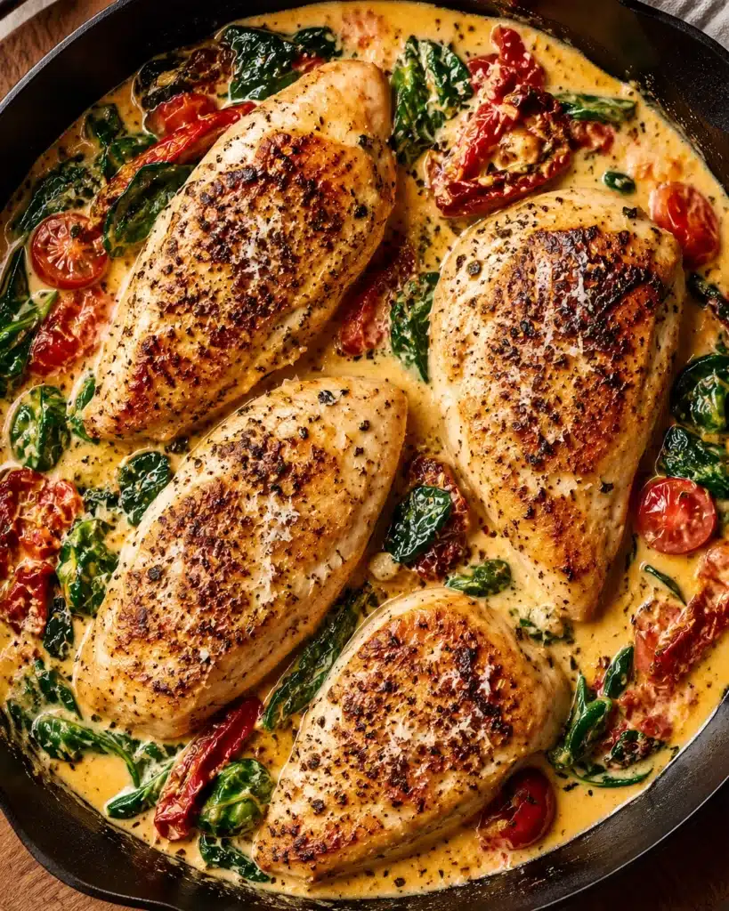 Juicy seared chicken breasts simmering in a creamy sauce with spinach and sun dried tomatoes in a skillet