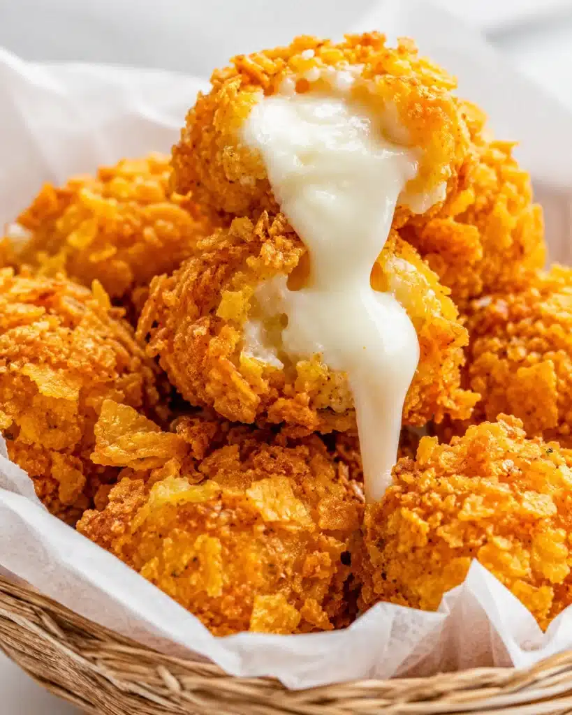Crispy cheese bites with melted cheese being pulled from the center