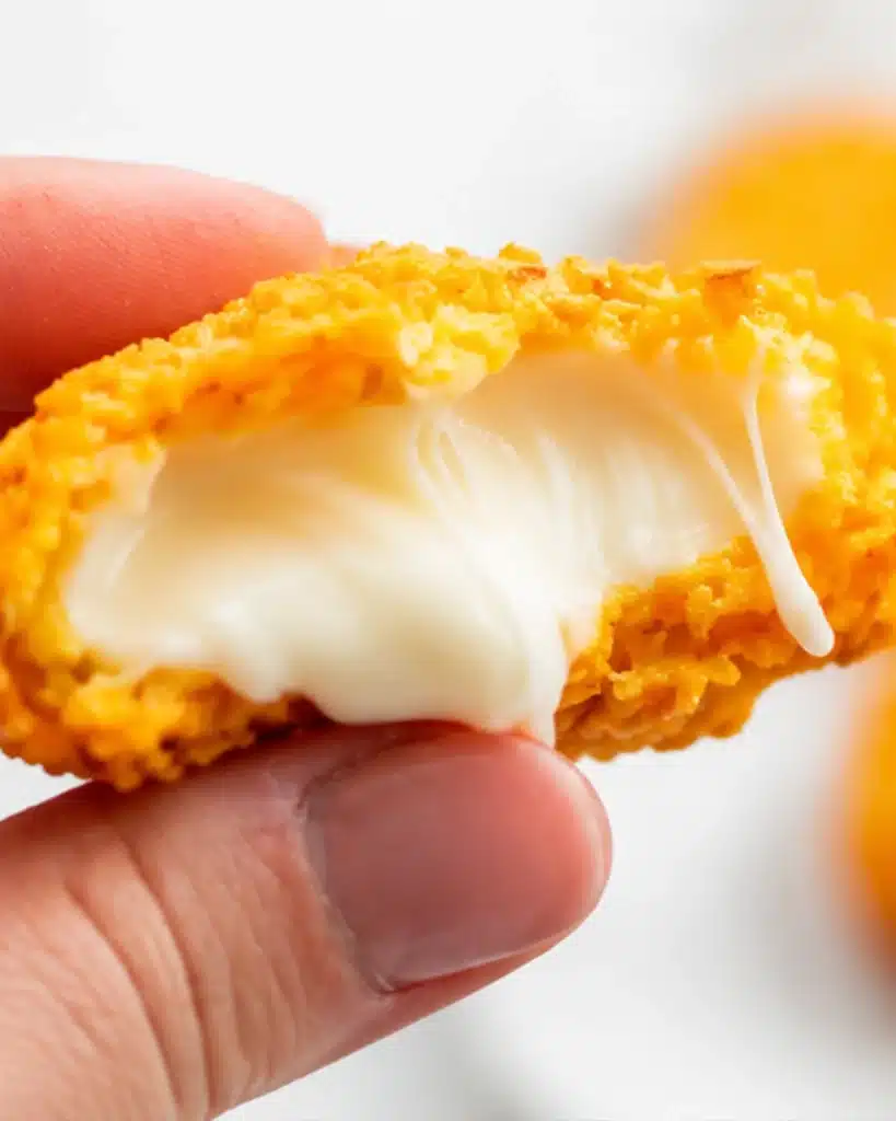 Hand holding a bitten crispy snack with melted cheese inside