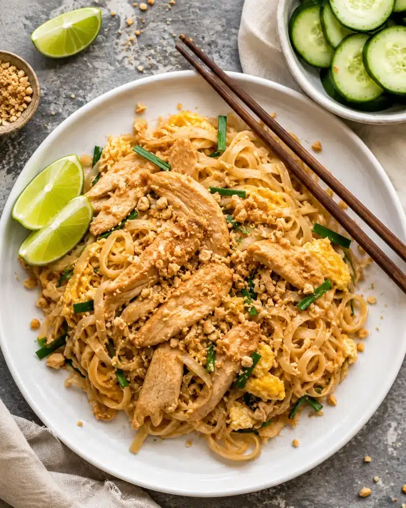 Rice noodles with chicken, scrambled eggs and peanuts served on a white plate with chopsticks