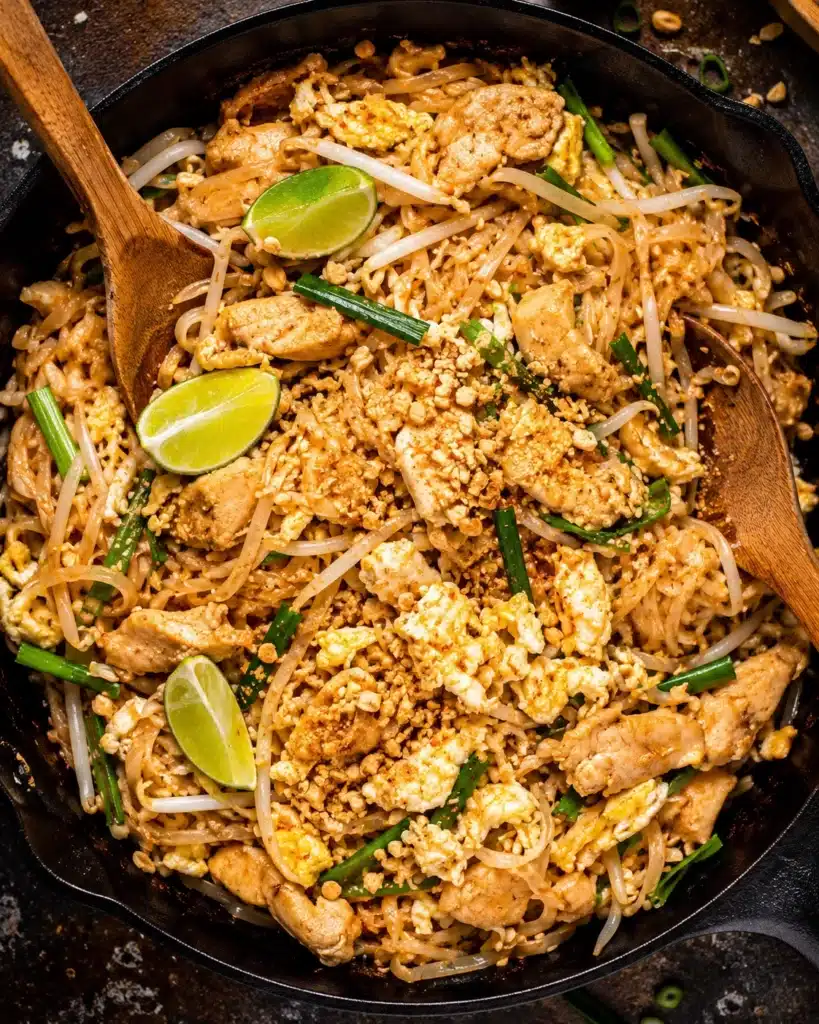 Cooked rice noodles with chicken, bean sprouts and green onions in a skillet