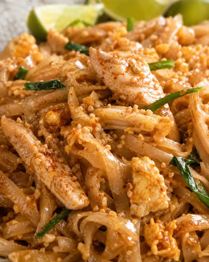 Close view of glossy rice noodles with chicken, eggs and crushed peanuts