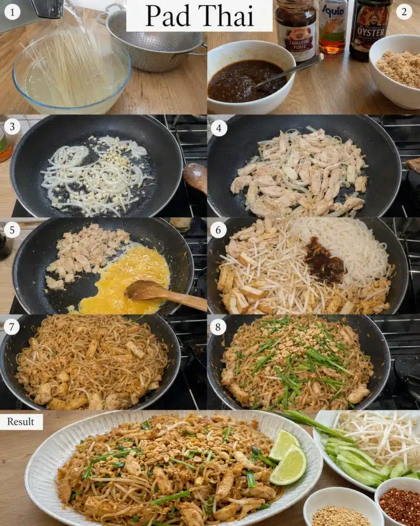 A visual guide showing each stage of cooking from soaking noodles to the final plated dish