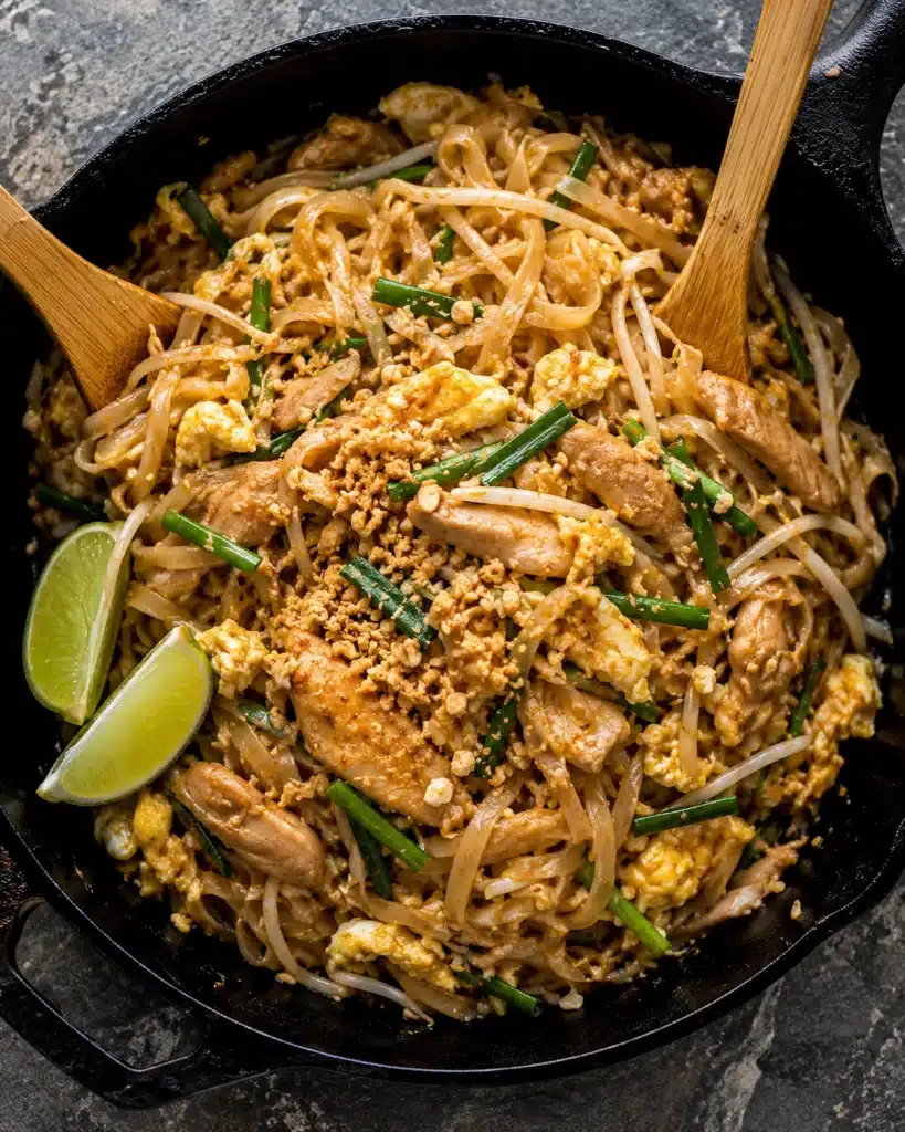 Stir fried rice noodles with chicken, eggs, peanuts and lime served in a black skillet