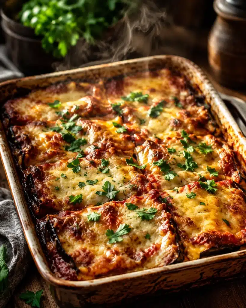 Freshly baked eggplant lasagna in a ceramic dish with golden melted cheese and parsley garnish