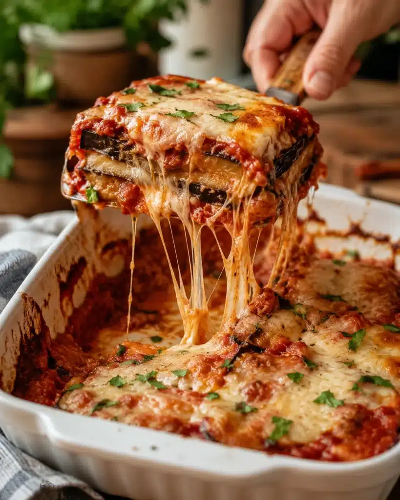Slice of eggplant lasagna being lifted with melted cheese stretching from the baking dish
