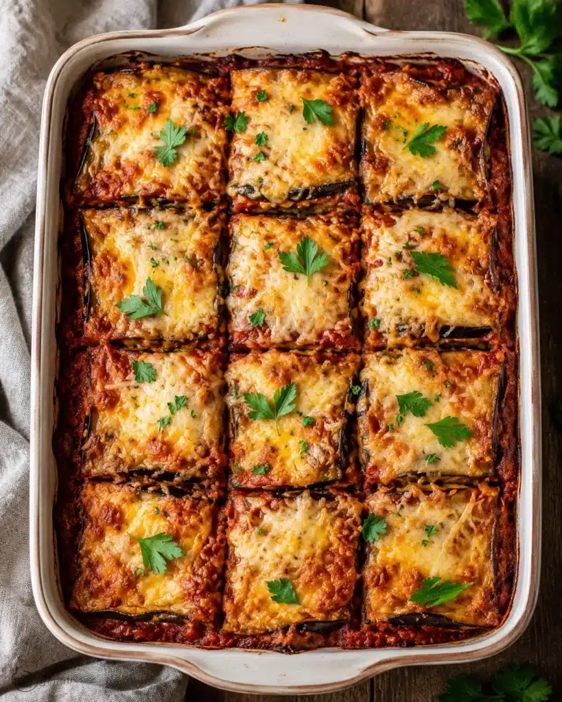 Top view of eggplant lasagna cut into even portions with melted cheese and herbs