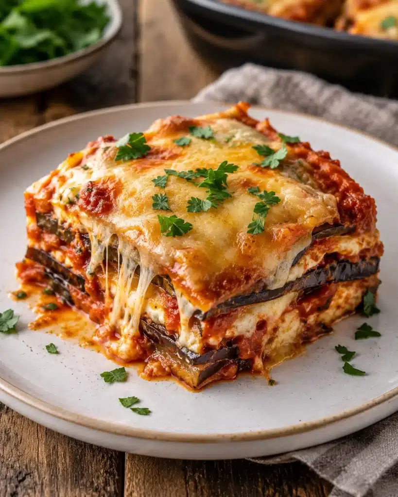 Plated slice of eggplant lasagna with visible layers of cheese sauce and vegetables